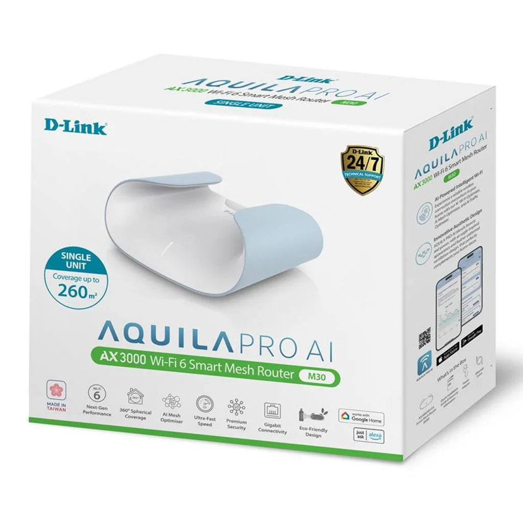 Router D-Link M30 AI Powered Mesh Router | WiFi 6 Speed, Dual Band with Gigabit Port, 3000 Mbps, Covers Upto 2800 Sq. Ft., High-Performance, 360 Degree Spherical Coverage, MTCTE Certified, White