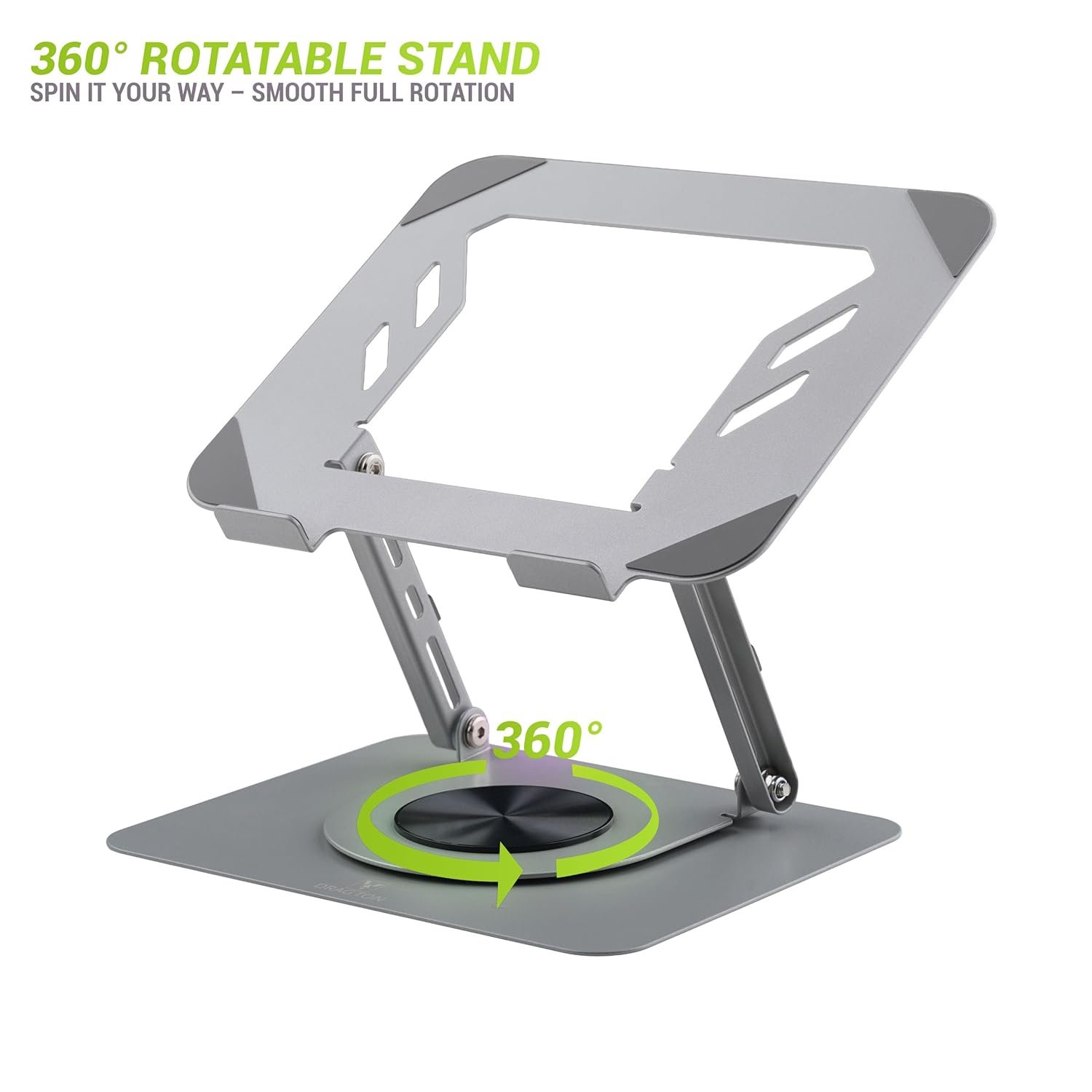 Laptop Stand Metal 25 x 21.5cm P70 360° Rotating, Ergonomic, Height & Angle Adjustmentable, Foldable Laptop Holder with Heat Vents & Anti-Slip Silicone Pads, Compatible To Macbook, HP, Lenovo Laptops, Silver