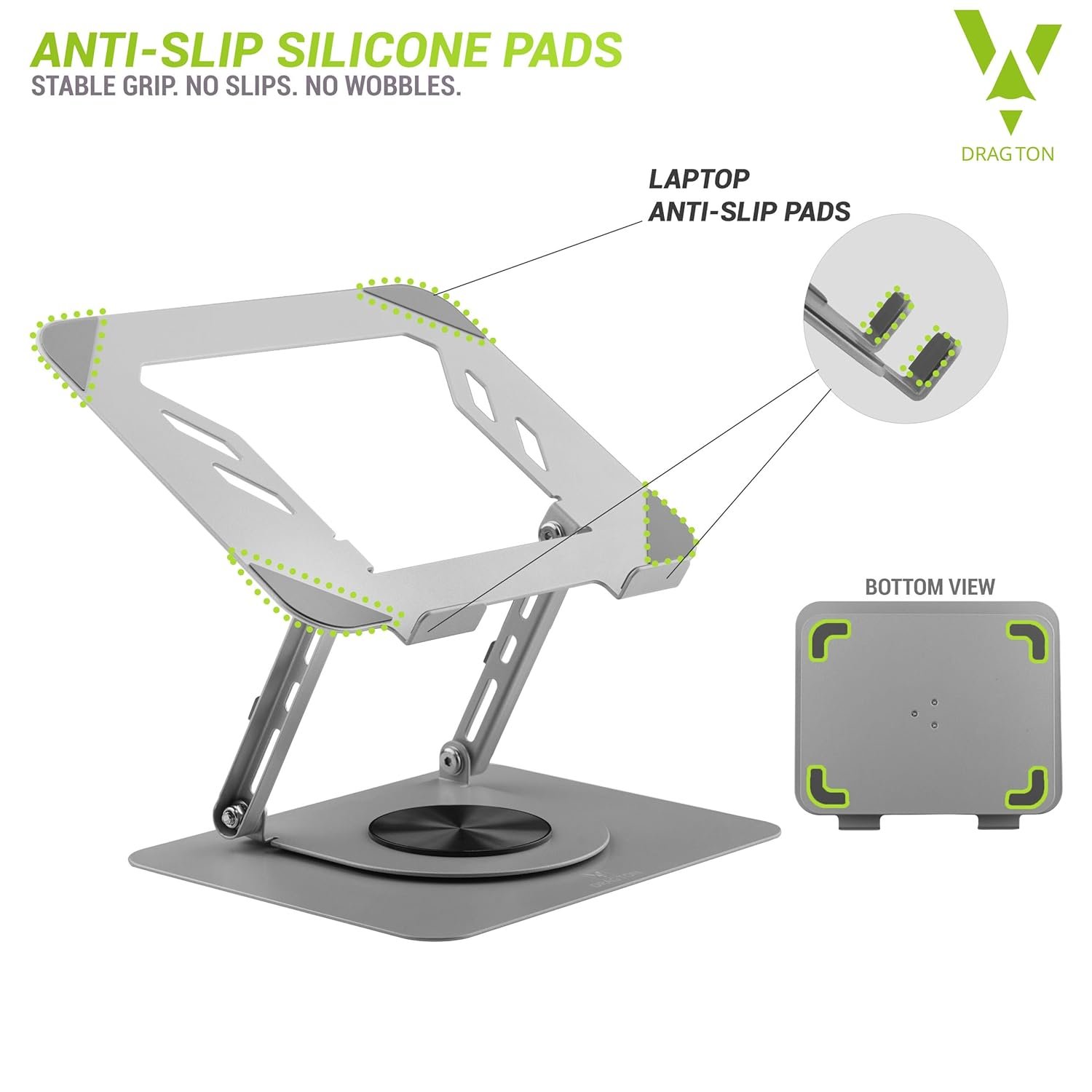 Laptop Stand Metal 25 x 21.5cm P70 360° Rotating, Ergonomic, Height & Angle Adjustmentable, Foldable Laptop Holder with Heat Vents & Anti-Slip Silicone Pads, Compatible To Macbook, HP, Lenovo Laptops, Silver