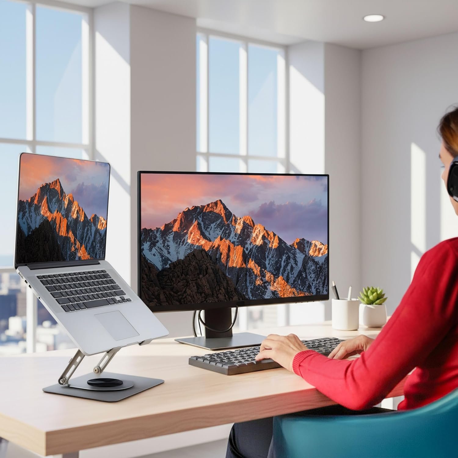 Laptop Stand Metal 25 x 21.5cm P70 360° Rotating, Ergonomic, Height & Angle Adjustmentable, Foldable Laptop Holder with Heat Vents & Anti-Slip Silicone Pads, Compatible To Macbook, HP, Lenovo Laptops, Silver
