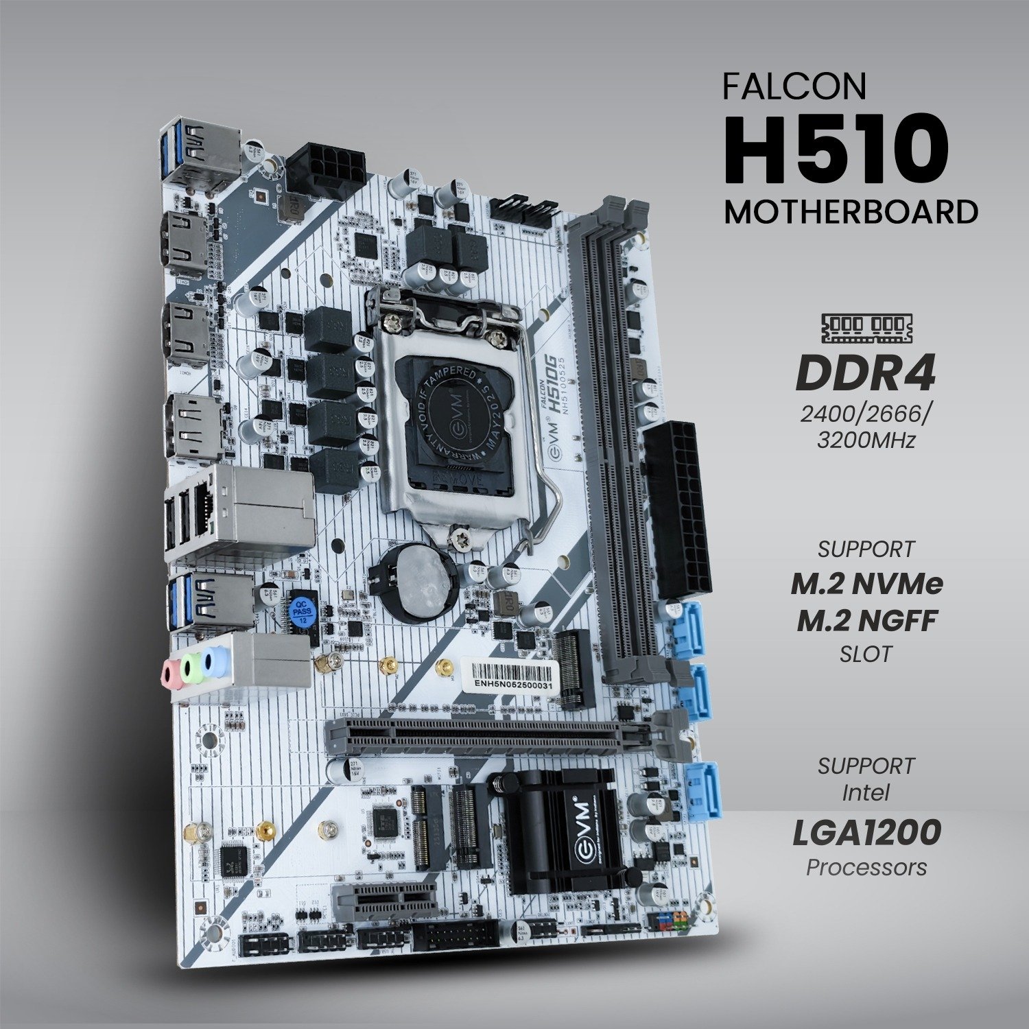 Motherboard EVM Falcon EVMH510G DDR4 With NVME Slot | Wifi, Support Intel 10/11th Gen CPU, Support DDR4 2400/2666/3200MHz, Support M.2 NVMe & M.2 NGFF, Intel® H510 Chipset (LGA1200)