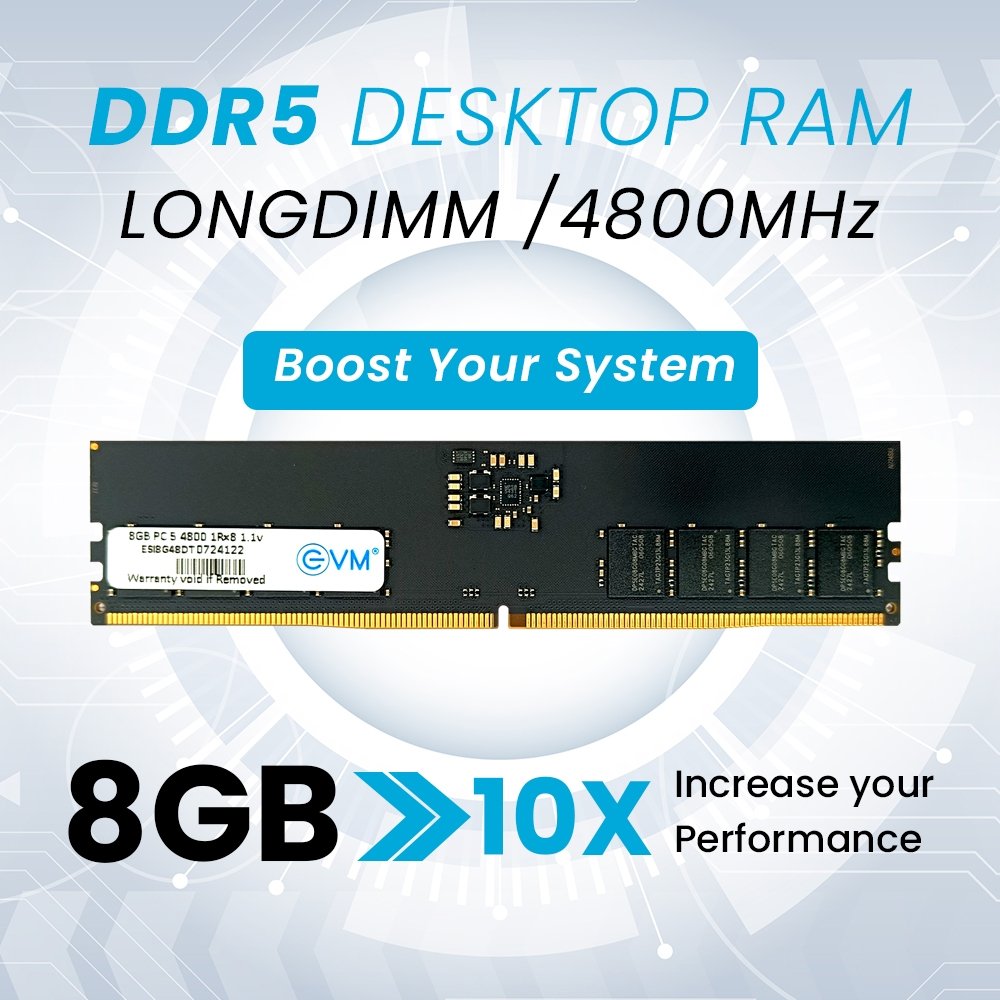 Ram EVM 8GB DDR5 4800MHz UDIMM EVMT8G4800D88P | Desktop RAM, Update Your Desktop's Performance, High Speed Performance, Ideal For Gaming & Editing, Compatible With Intel, AMD & Mac Systems