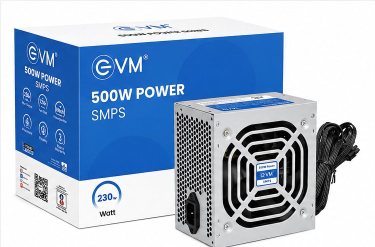 Power Supply Smps EVM 500W For Desktop PC | 230W Real & Stable Output, 120mm Low-Noise Cooling Fan, Individual Box Packing, Power Cord Included, 3 Years Warranty
