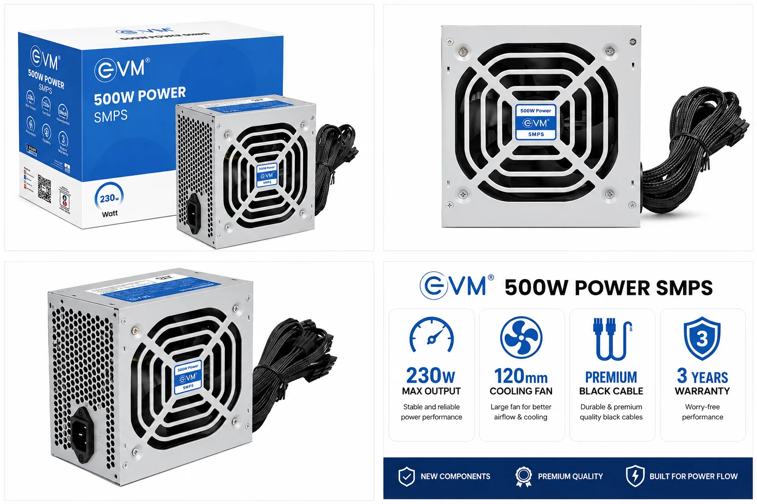 Power Supply Smps EVM 500W For Desktop PC | 230W Real & Stable Output, 120mm Low-Noise Cooling Fan, Individual Box Packing, Power Cord Included, 3 Years Warranty