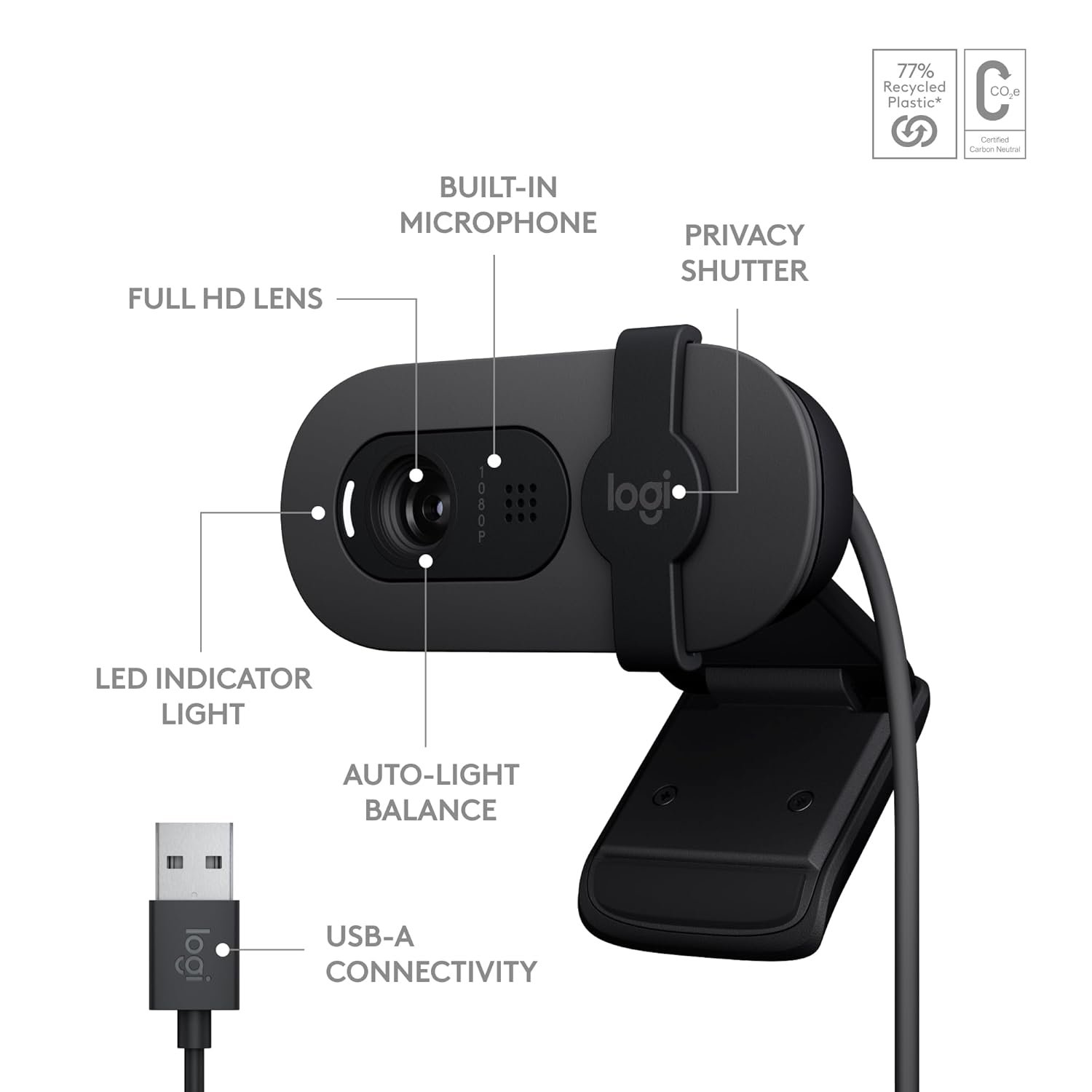 Webcamera Logitech BRIO 100 BRIO100GPHT | Integrated Privacy Shutter, USB-A, Full HD 1080p webcam with Auto-Light Balance, Built-in Mic for Meetings, Streaming, Microsoft Teams, Google Meet, Zoom & More - Graphite