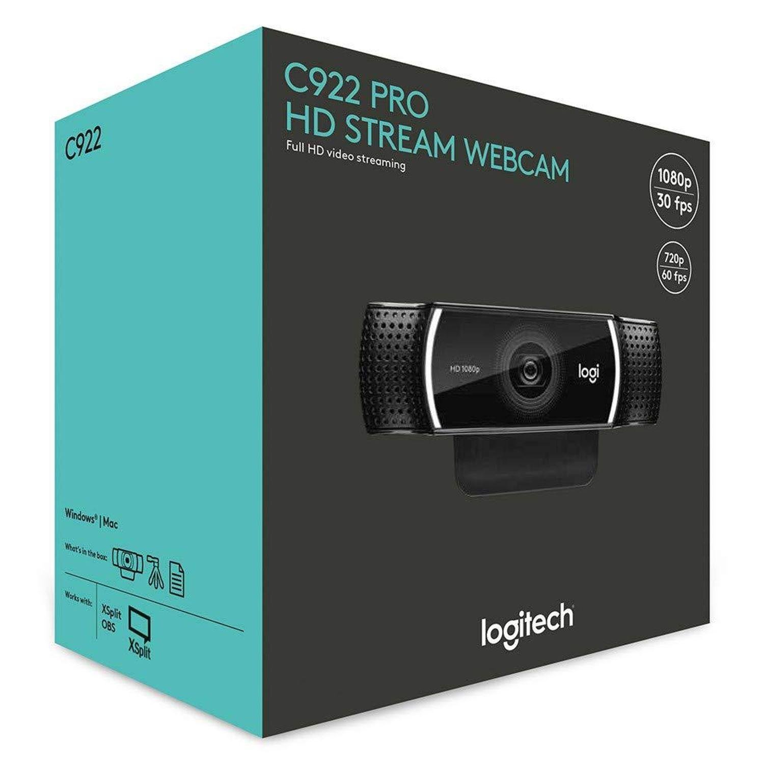 Webcamera Logitech C922 Pro Stream | Designed for Serious Streamers, 1080p / 30fps or HD 720p / 60fps Hyperfast Streaming, Stereo Audio, HD Light Correction, Autofocus, for YouTube, Twitch, XSplit, PC / Mac / Laptop / MacBook / Tablet (Black)