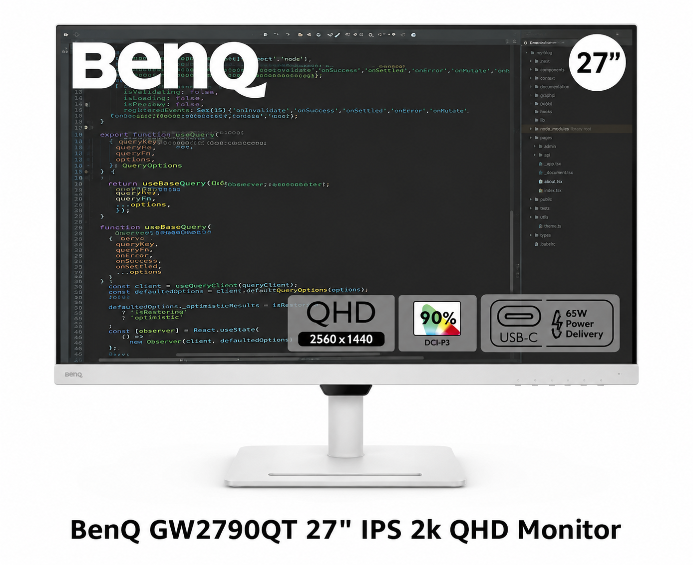 BenQ GW2790QT Coding Monitor, 27 Inch (68.58 cm), IPS, 2K QHD 2560x1440, 75Hz, White, USB-C 65W PD, Coding Mode, 99% sRGB, Daisy Chain, Height Adjust, Noise Filter Speakers, HDMI, DP, USB Hub Monitor, White
