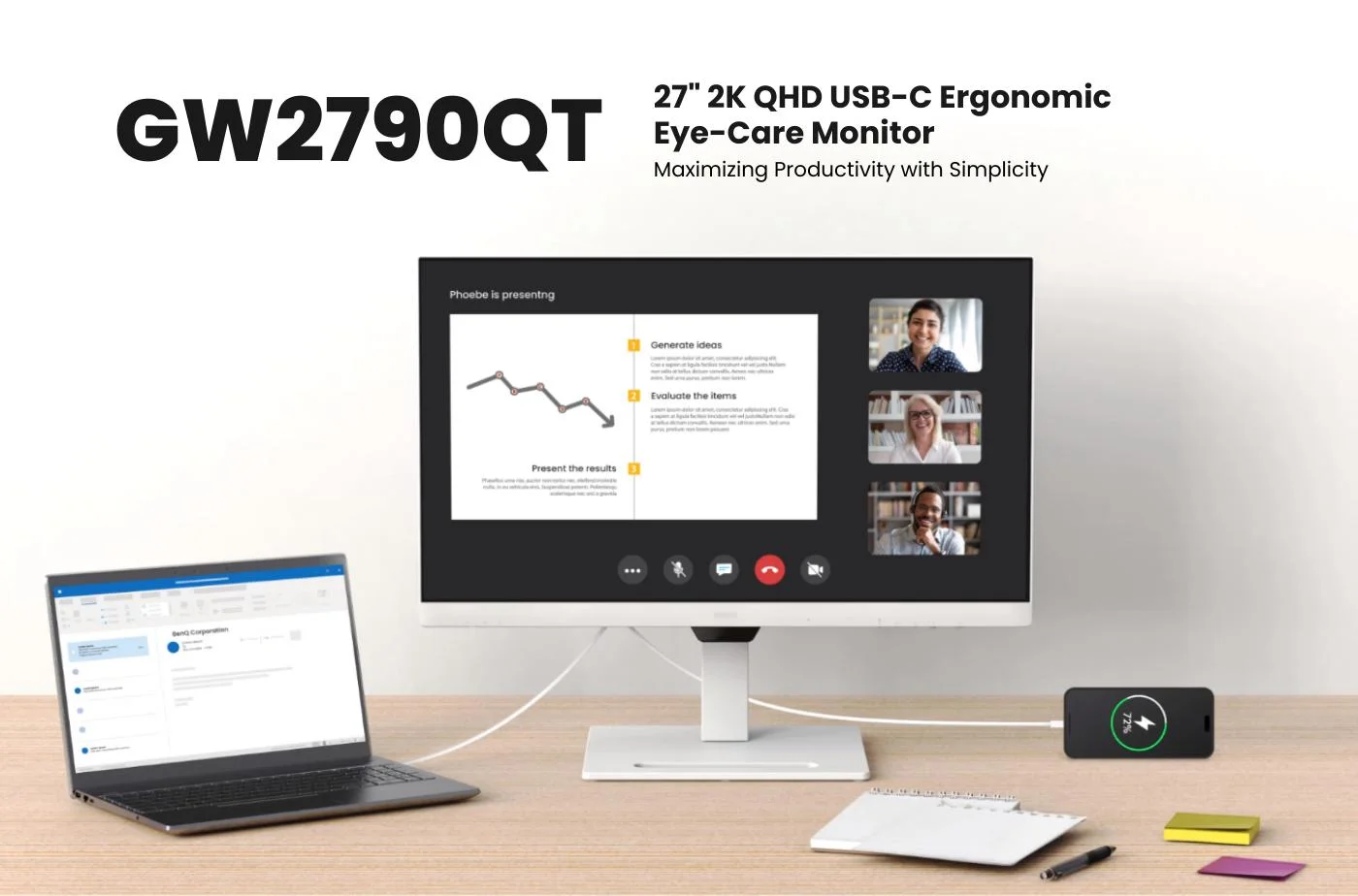 BenQ GW2790QT Coding Monitor, 27 Inch (68.58 cm), IPS, 2K QHD 2560x1440, 75Hz, White, USB-C 65W PD, Coding Mode, 99% sRGB, Daisy Chain, Height Adjust, Noise Filter Speakers, HDMI, DP, USB Hub Monitor, White
