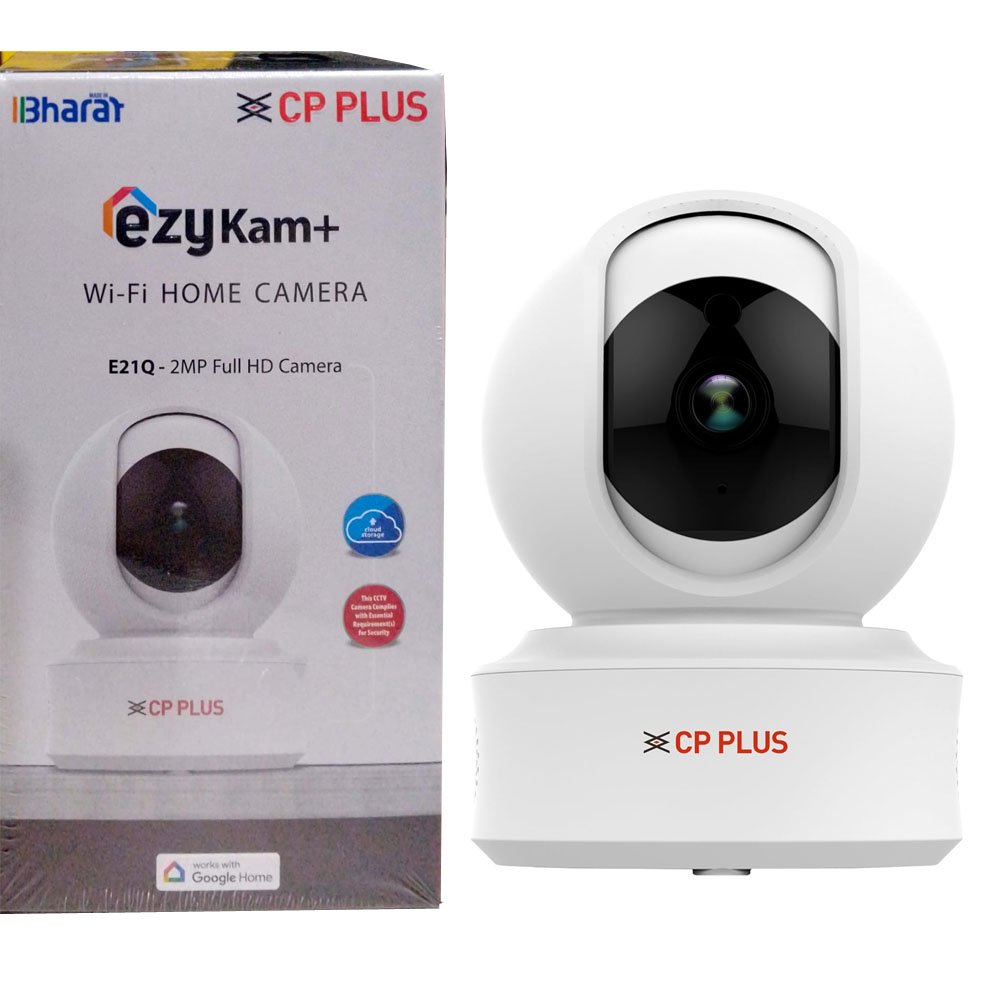 Security Camera CP Plus EzyKam CP-E21Q | 2MP Wi-Fi PT Camera, IR Distance of 15 Mtr, 4mm Lens, Sound Detection, Works With Google Home, Two-Way Talk, Built-in Mic, Support Micro SD Card Upto 256GB, White