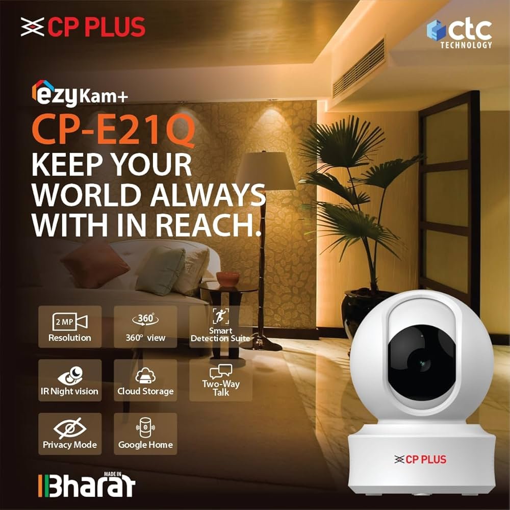 Security Camera CP Plus EzyKam CP-E21Q | 2MP Wi-Fi PT Camera, IR Distance of 15 Mtr, 4mm Lens, Sound Detection, Works With Google Home, Two-Way Talk, Built-in Mic, Support Micro SD Card Upto 256GB, White
