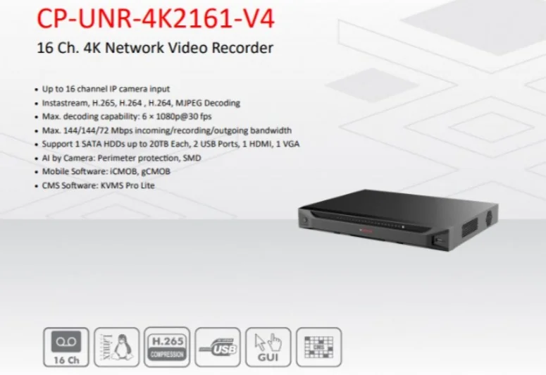 SNVR CP Plus 16 Channel CP-UNR-4K2161-V4 | 4K Network Video Recorder, Support 1 SATA HDDs, 2 USB Ports, 1 HDMI, 1 VGA, Black