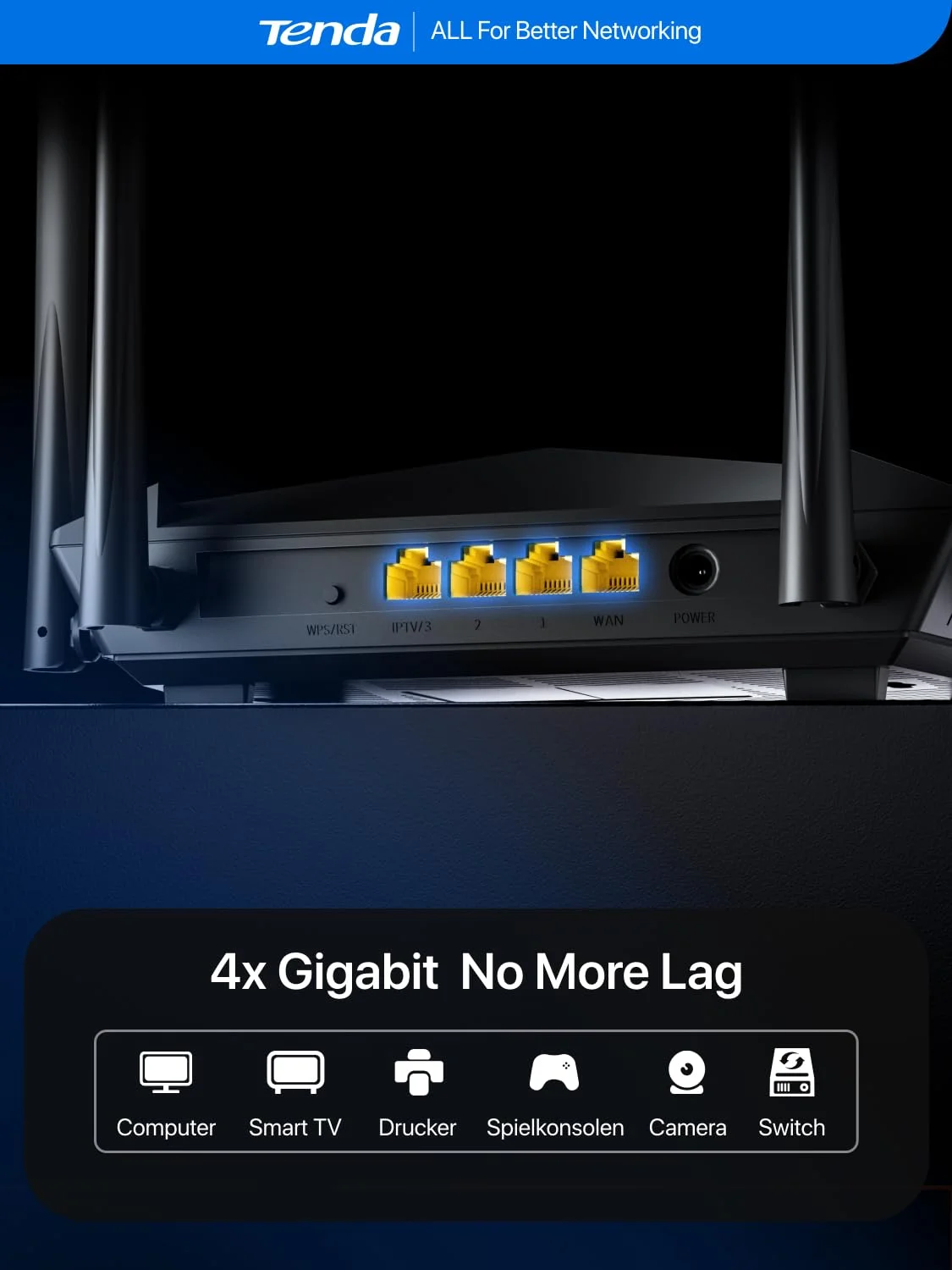 Tenda AC10 AC1200 Dual-Band Gigabit Wi-Fi Router | 1200Mbps | 4×6dBi Antennas | MU-MIMO | Beamforming | IPv6 | Gigabit WAN/LAN Ports