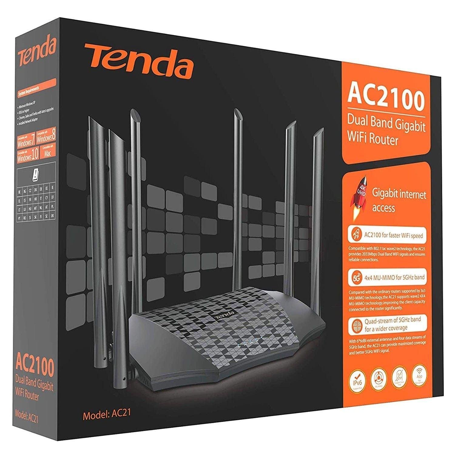 Tenda AC21 AC2100 Dual-Band Gigabit Wi-Fi Router | AC2100 Speed | 6×6dBi High-Gain Antennas | MU-MIMO | Beamforming | Gigabit Ports | IPv6 | Tenda WiFi App