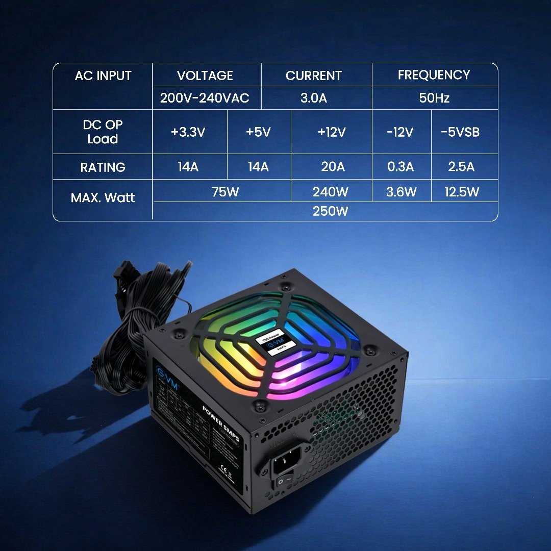 Power Supply Smps EVM 750W POWER |  LED Light, 50Hz, Metal Body, 250watt, 200V- 240Vac Voltage, Energy Efficient, Black