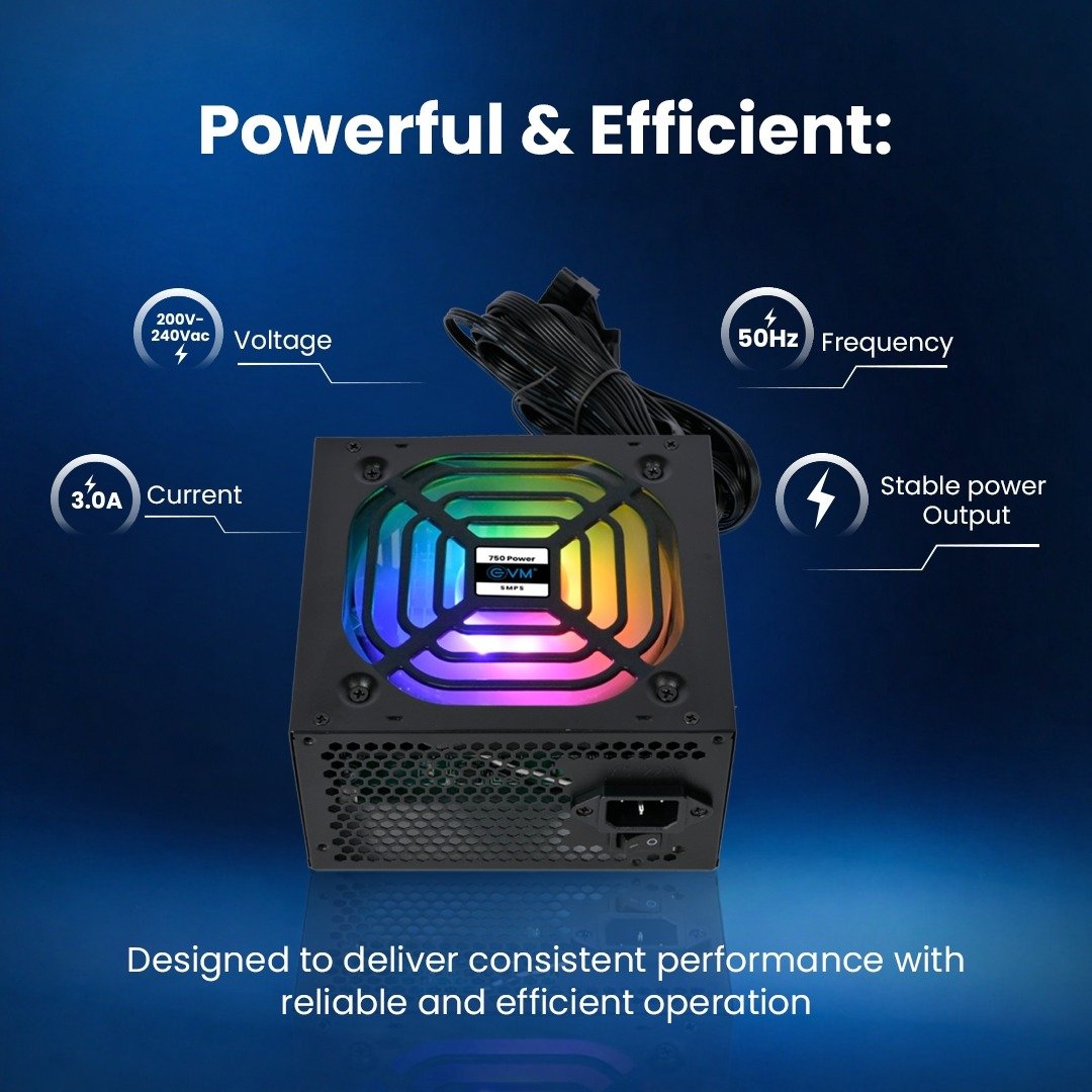 Power Supply Smps EVM 750W POWER |  LED Light, 50Hz, Metal Body, 250watt, 200V- 240Vac Voltage, Energy Efficient, Black