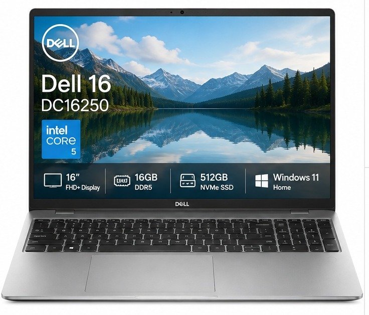 Dell 16 DC16250 Laptop | Intel Core 5 120U | 16GB DDR5 | 512GB NVMe SSD | 16″ 2K FHD+ IPS Anti-Glare 300-Nits Display | Windows 11 | Office H&S 2024 + M365 | Backlit Keyboard | Fingerprint Reader | Backpack | Platinum Silver