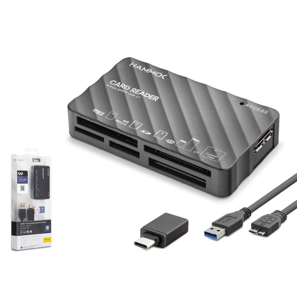 Hammok Sapphire All-in-One Card Reader USB 3.1 | SD/SDHC/SDXC, Micro SD, Compact Flash, MS Card Support | Type-C OTG Adapter | High-Speed Memory Card Reader, Black