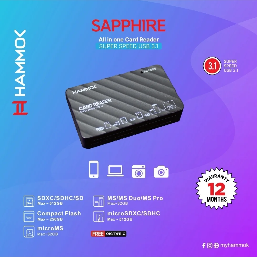 Hammok Sapphire All-in-One Card Reader USB 3.1 | SD/SDHC/SDXC, Micro SD, Compact Flash, MS Card Support | Type-C OTG Adapter | High-Speed Memory Card Reader, Black