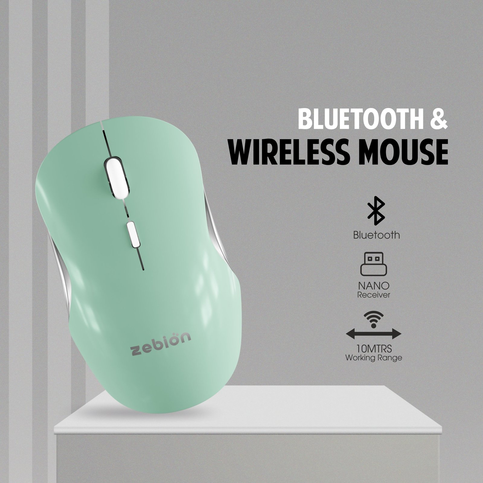Zebion CONNECT-3 Triple Mode Wireless Mouse | Bluetooth 5.3 + 2.4GHz Wireless + Bluetooth Connectivity | Rechargeable Type-C | Up to 2400 DPI | Silent Click | Ergonomic Design | Cool Green