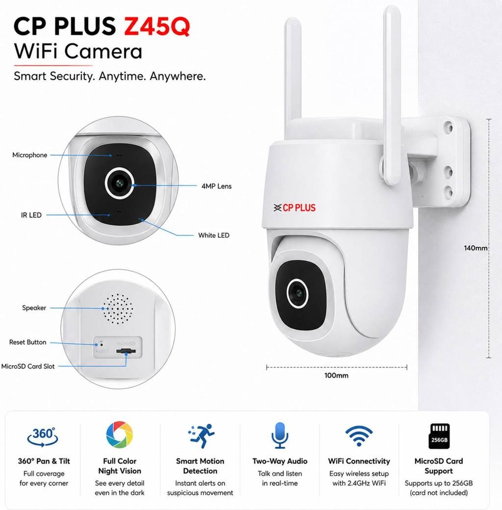 CP PLUS CP-Z45Q 4MP Wi-Fi PT Security Camera | Full Color Night Vision, 360° Pan & Tilt, Human & Motion Detection, Motion Tracking, Two-Way Talk, Built-in Siren, 256GB SD Card Support, IP65