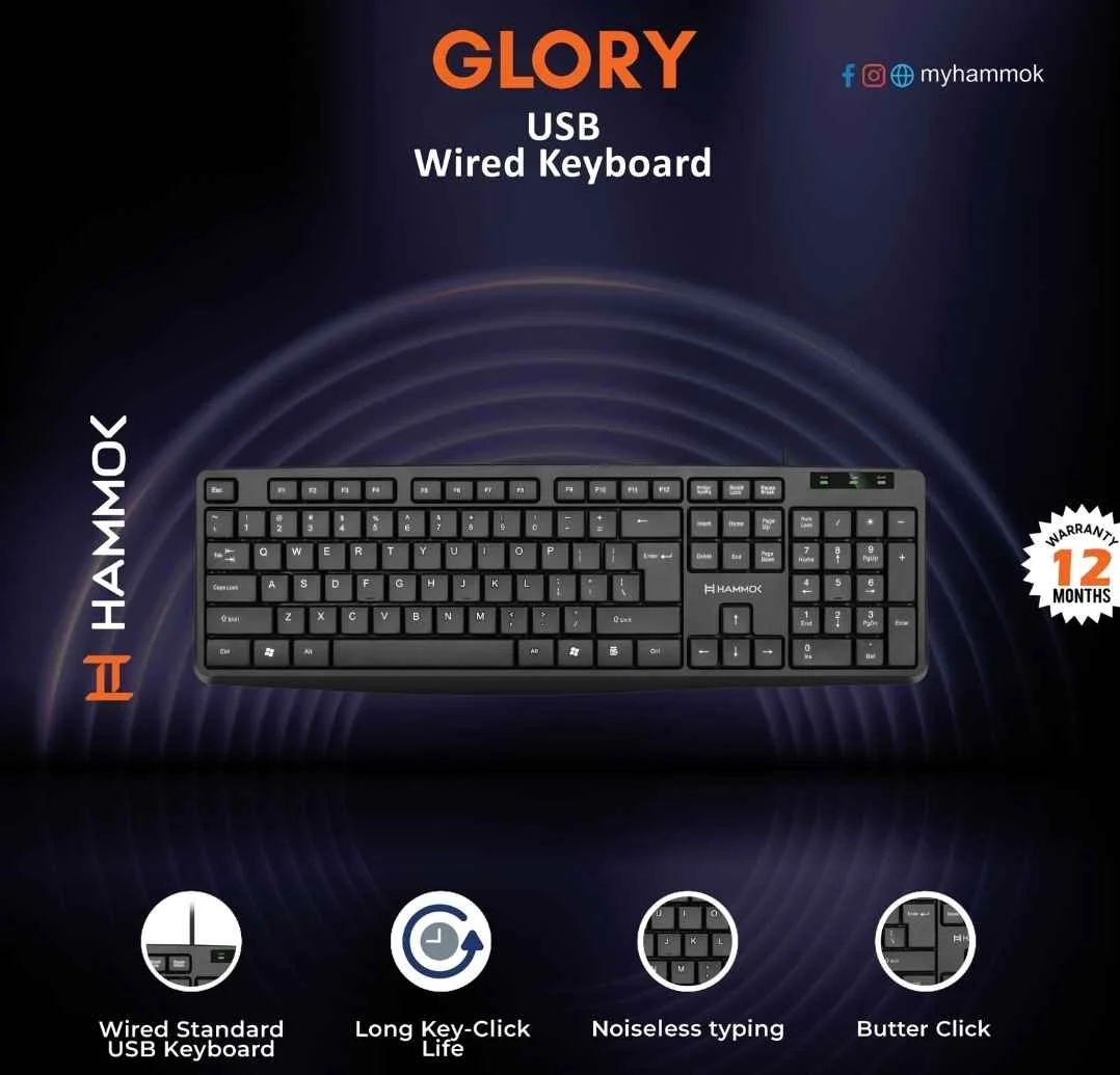 Hammok Glory Usb Wired Keyboard | Silence Typing Long Key-Click Life, Ideal For Laptops & PCs, For Office & Home Use, Black