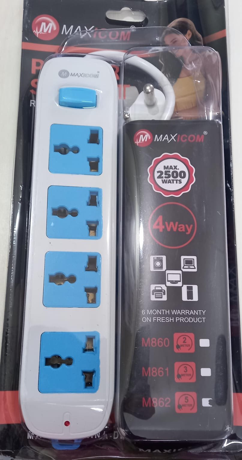 Maxicom M-862 5mtr Spike Guard Power Strip | Max 2500Watt Surge Protection, 4 Multiple Socket Power Extension, Home & Office Use, White