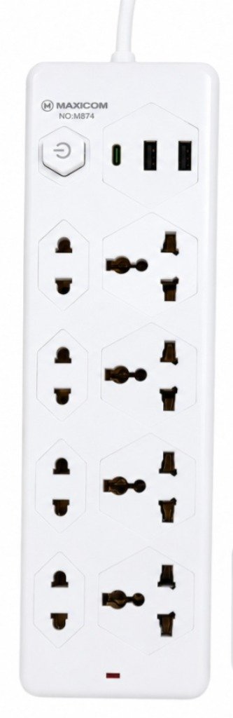 Maxicom M-874 2mtr Spike Guard Power Strip | Max 2500Watt, 2 USB + 1 PD Type-c Port, 4 Multi-Socket Power Extension Board for Home & Office, White