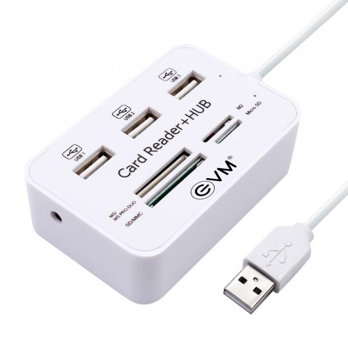 EVM HBACR 2.0 All-in-One USB 2.0 Card Reader & 3-Port USB Hub for Laptop & Desktop | SD/MMC, Micro SD/TF, MS PRO DUO & M2 Memory Card Support | High-Speed 480Mbps Data Transfer | Smart Charging