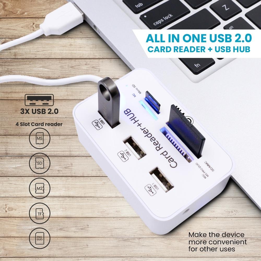 EVM HBACR 2.0 All-in-One USB 2.0 Card Reader & 3-Port USB Hub for Laptop & Desktop | SD/MMC, Micro SD/TF, MS PRO DUO & M2 Memory Card Support | High-Speed 480Mbps Data Transfer | Smart Charging