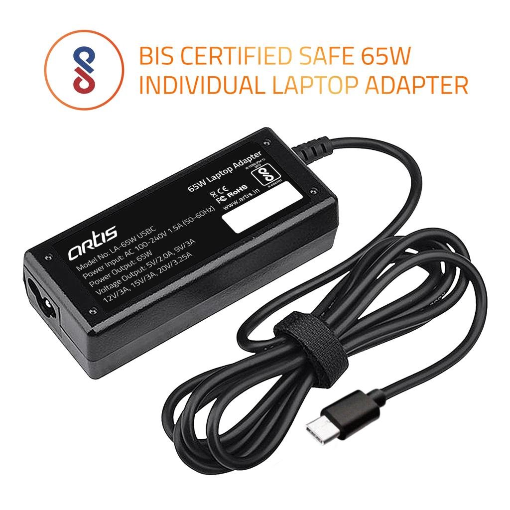 Artis LA-65W USB Type-C 65W Laptop Charger Adapter with Power Cable, Universal USB-C Power Adapter, Black