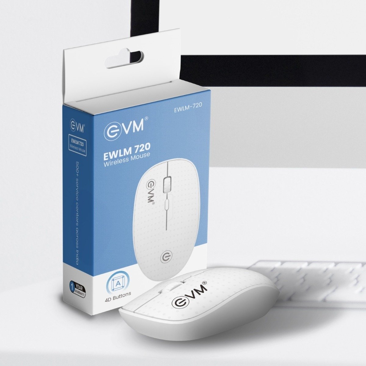 EVM EWLM-720 Wireless Optical Mouse, 2.4GHz, 1600 DPI, 4D Buttons, USB Receiver, Ergonomic Design, Anti Grip Scroll Wheel, White