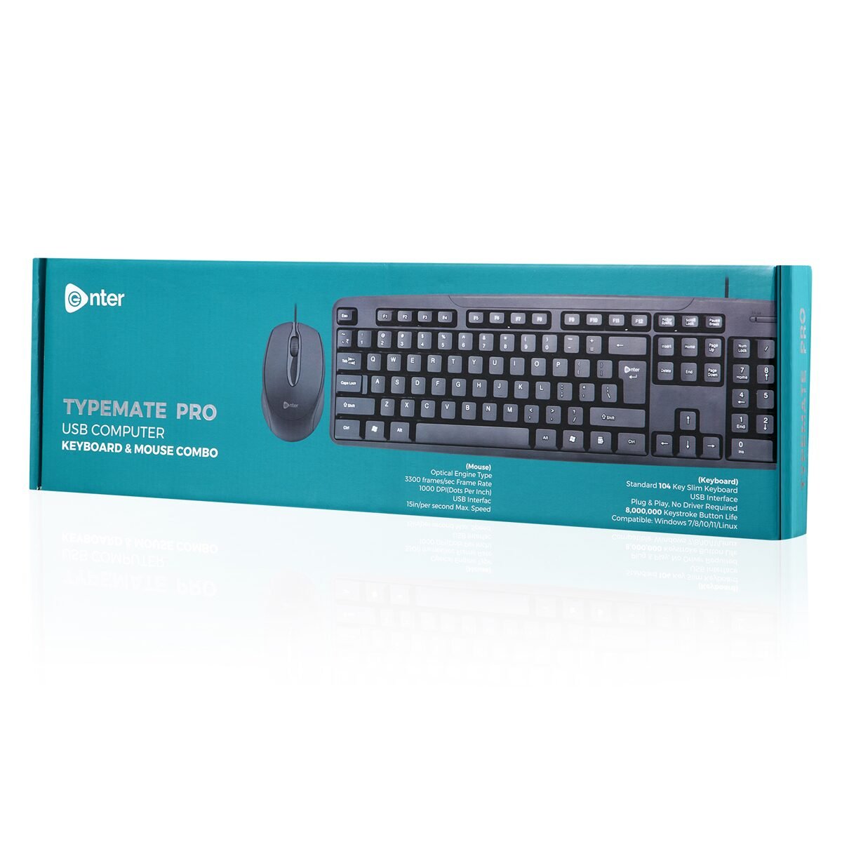 Enter TypeMate Pro USB Wired Keyboard & Mouse Combo – 104-Key Slim Keyboard, 1000 DPI Optical Mouse, Black