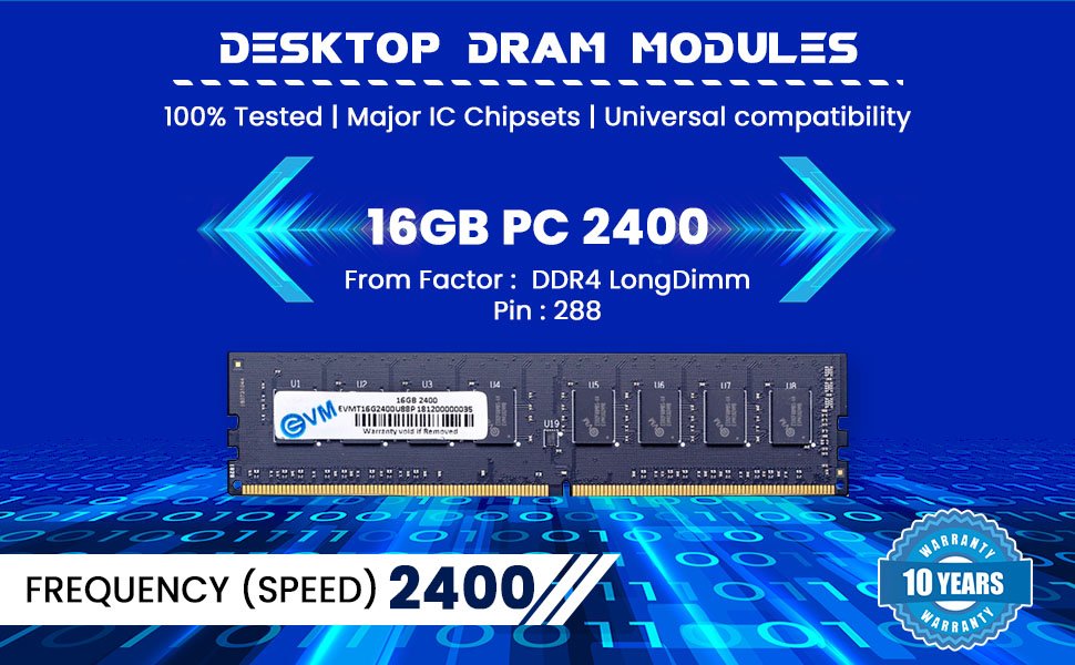 Ram EVM 16GB DDR4 2400MHz Desktop RAM | EVMT16G2400U88P | 288-Pin Long-DIMM PC4-19200 Memory | CL17 | 1.2V | 10 Years Warranty