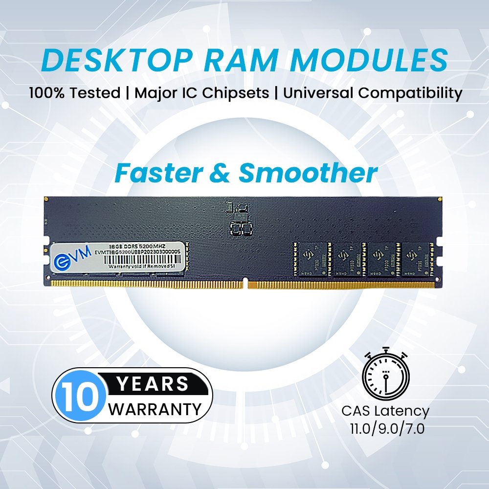 Ram EVM 16GB DDR5 5200MHz Desktop RAM EVMT16G5200U88P | 288-Pin Long DIMM | CL19 | 1.1V | High-Speed Memory