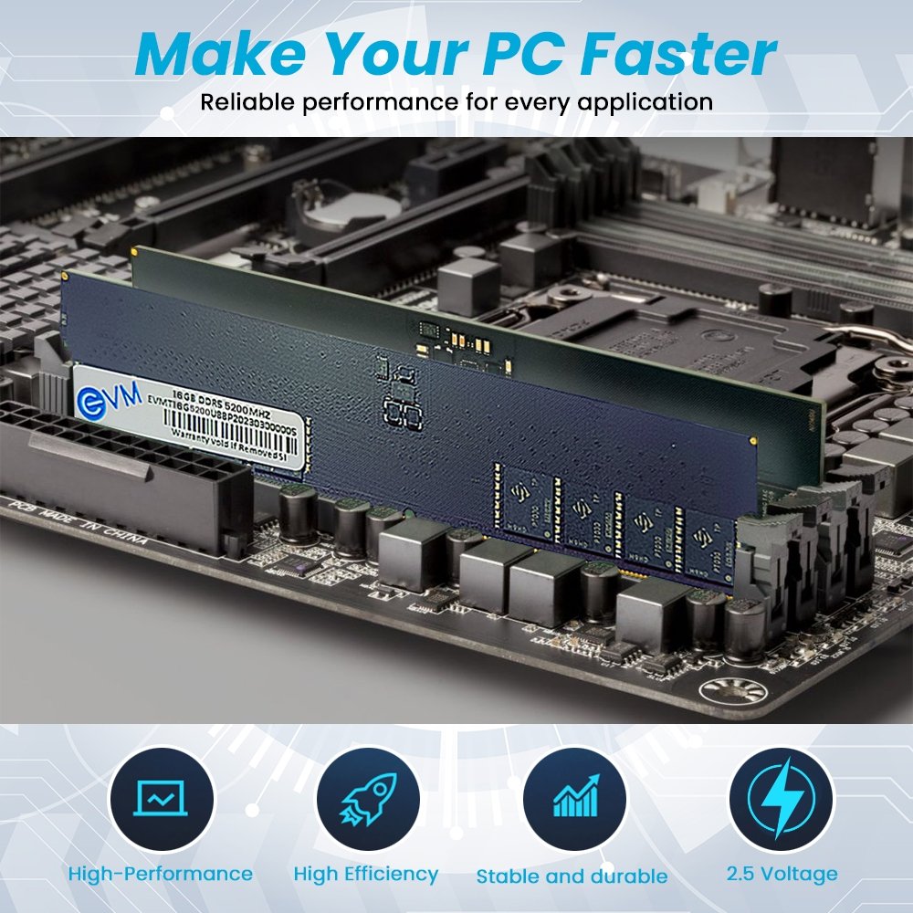 Ram EVM 16GB DDR5 5200MHz Desktop RAM EVMT16G5200U88P | 288-Pin Long DIMM | CL19 | 1.1V | High-Speed Memory