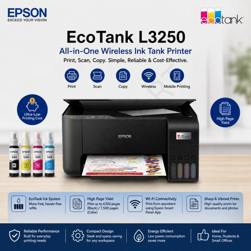 Printer Epson EcoTank L3250 | Color Printer, A4, Wi-Fi, All-in-One Ink Tank, Print / Scan / Copy | Cost Per Print 9 Paisa (Black)* & 24 Paisa (Colour)*, (Printer Color: Black)