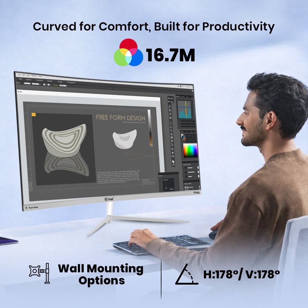 Monitor EVM C175 Plasma WD LED 27 Inch Curved FHD IPS Monitor | 120Hz Refresh Rate | HDMI + VGA | Built-in Speakers | Low Blue Light | Flicker Free | Anti-Glare