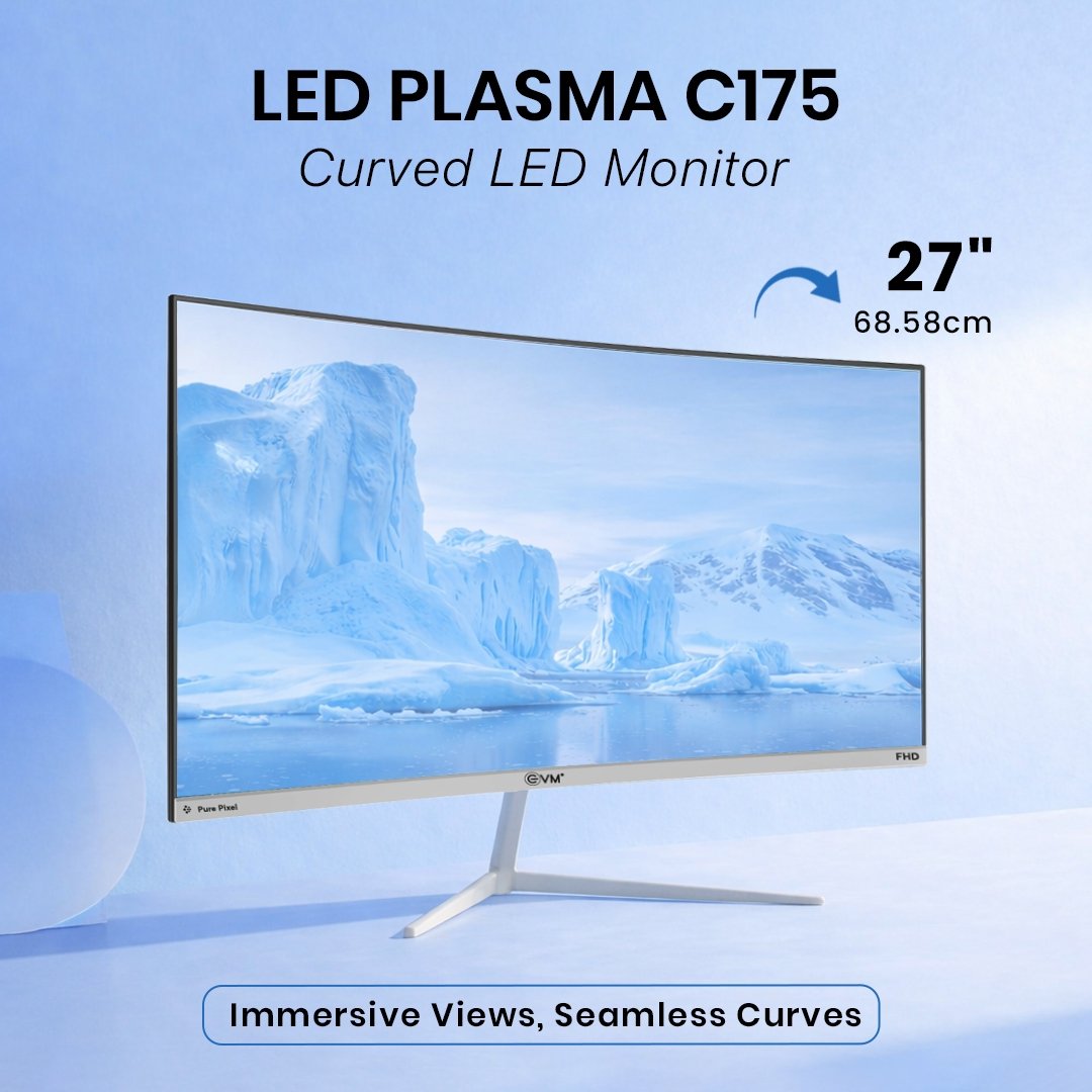 Monitor EVM C175 Plasma WD LED 27 Inch Curved FHD IPS Monitor | 120Hz Refresh Rate | HDMI + VGA | Built-in Speakers | Low Blue Light | Flicker Free | Anti-Glare