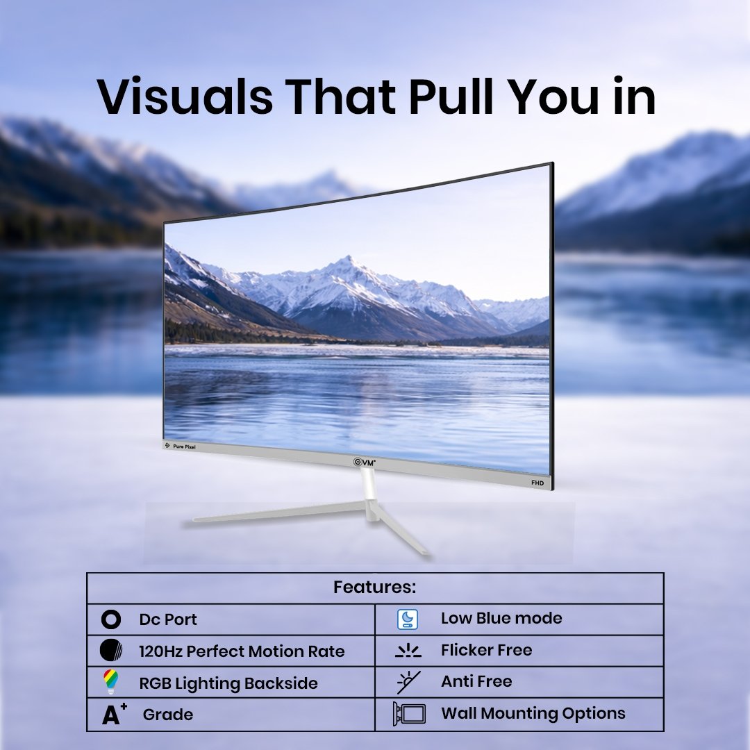 Monitor EVM C175 Plasma WD LED 27 Inch Curved FHD IPS Monitor | 120Hz Refresh Rate | HDMI + VGA | Built-in Speakers | Low Blue Light | Flicker Free | Anti-Glare