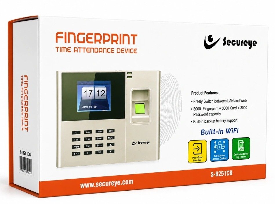 Secureye SC-S-B251CB-W Wi-Fi Cloud-Based Biometric Fingerprint Time Attendance Machine | 3000 Fingerprint + 3000 Card + 3000 Password | 2.8" HD Color Display | 600 DPI Optical Sensor | USB + TCP/IP + Wi-Fi | Built-in Battery Backup