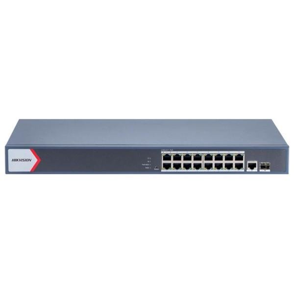 Hikvision DS-3E1518P-EI/M 16-Port Gigabit Smart Managed PoE Switch | 16 PoE Ports | 130W PoE Budget | 1 Gigabit RJ45 Uplink | 1 Gigabit Fiber Port | CCTV Network Switch