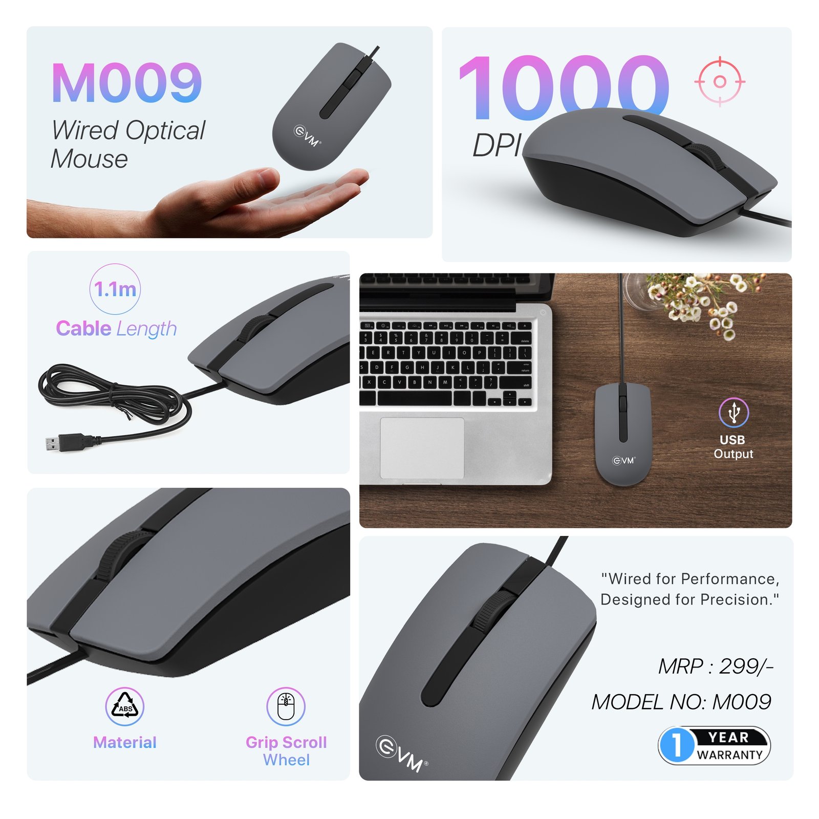 Mouse EVM Wired Optical EVM-M009 | USB Optical Mouse with 1000 DPI Resolution, 2.6MM Wire Length, Plug and Play, Black+Grey