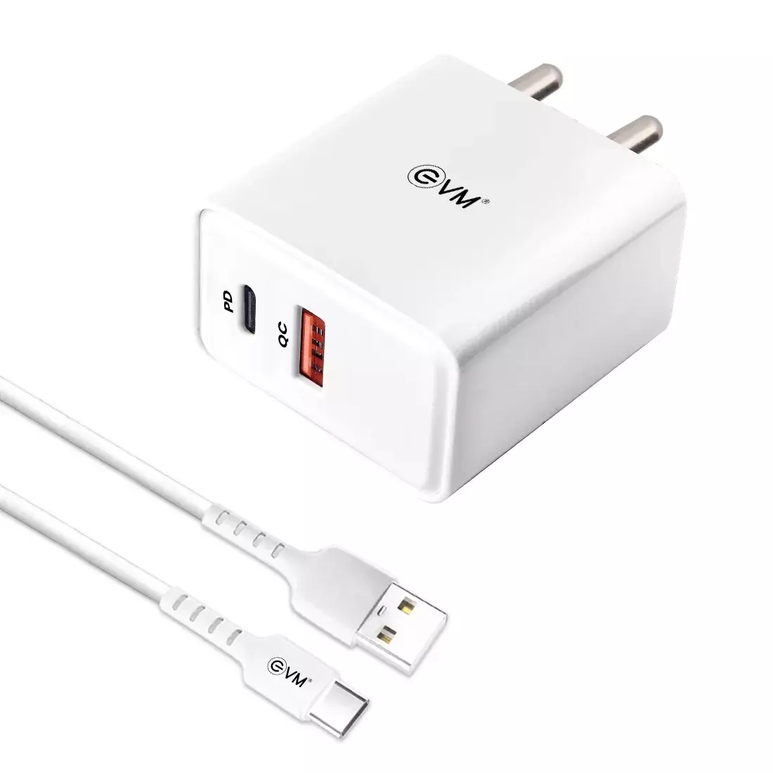 EVM EnSpeed EVM-QC+PD P22 | 22.5W Fast Charger with QC 3.0 & Power Delivery PD, Dual USB-A and Type-C Ports, Type-C Charging Cable, White