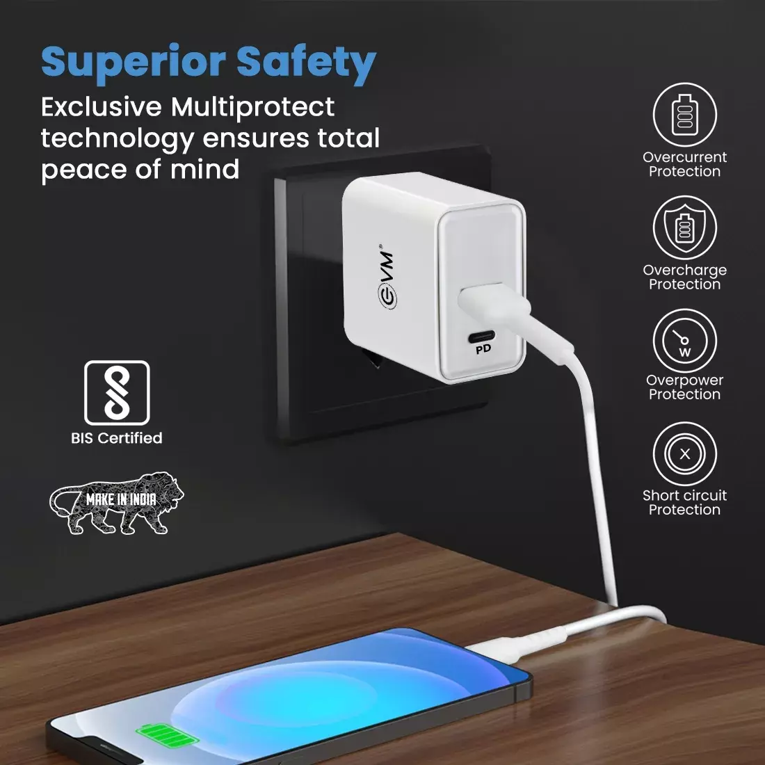 EVM EnSpeed EVM-QC+PD P22 | 22.5W Fast Charger with QC 3.0 & Power Delivery PD, Dual USB-A and Type-C Ports, Type-C Charging Cable, White