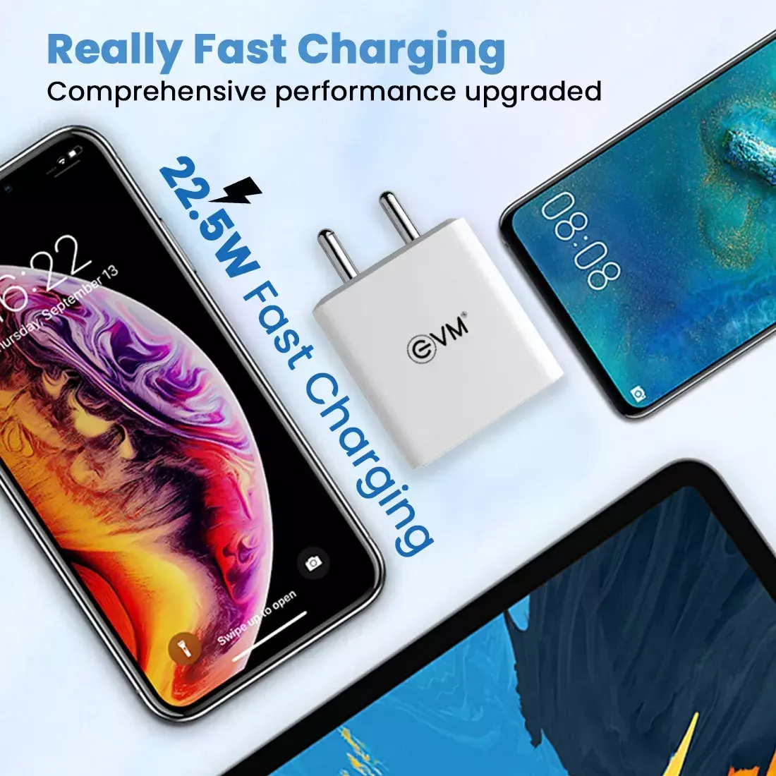 EVM EnSpeed EVM-QC+PD P22 | 22.5W Fast Charger with QC 3.0 & Power Delivery PD, Dual USB-A and Type-C Ports, Type-C Charging Cable, White