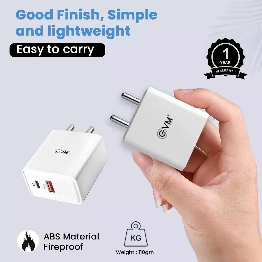 EVM EnSpeed EVM-QC+PD P22 | 22.5W Fast Charger with QC 3.0 & Power Delivery PD, Dual USB-A and Type-C Ports, Type-C Charging Cable, White