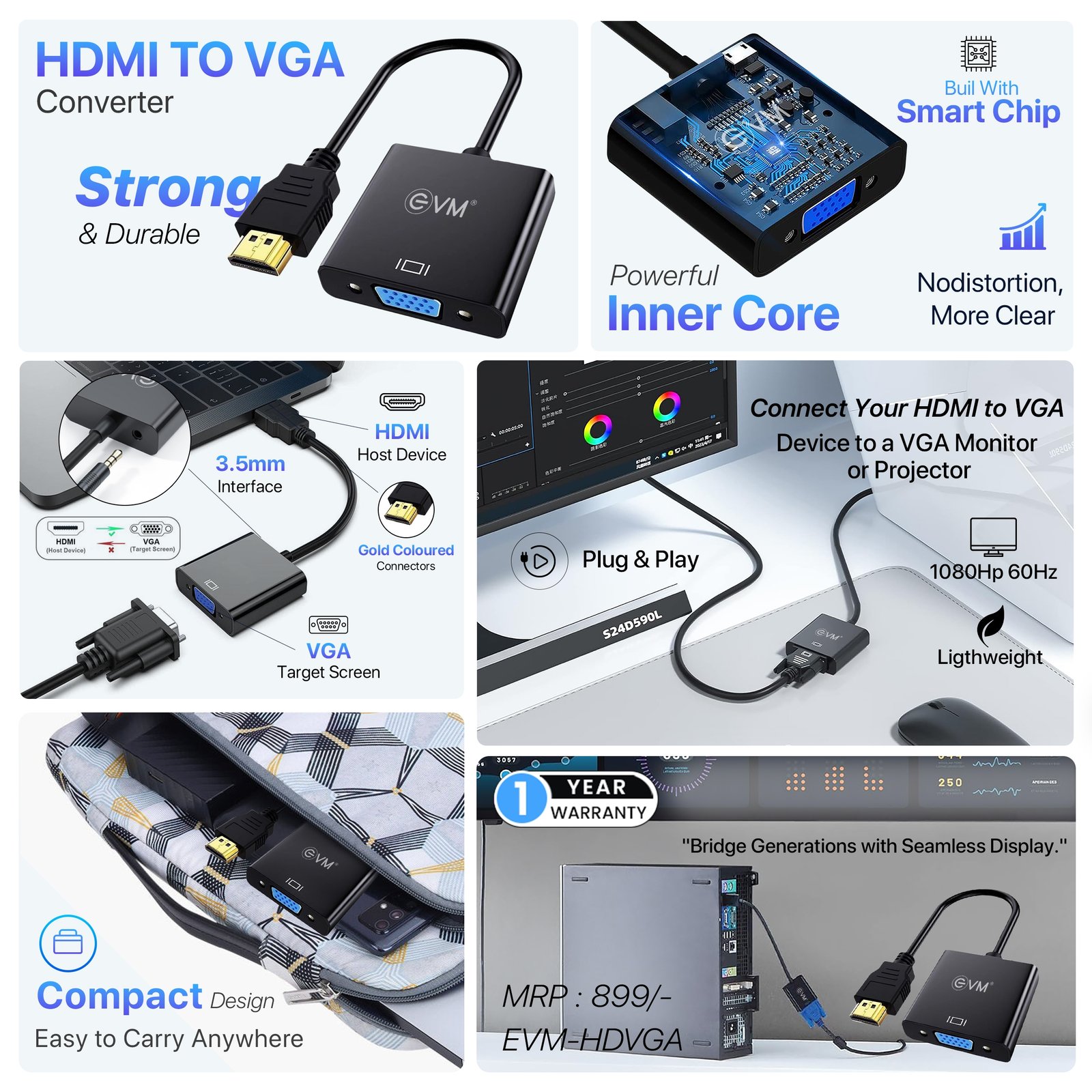 EVM HDMI to VGA Converter EVM-HDVGA | HDMI Male to VGA Female Adapter for Monitor and Projector
