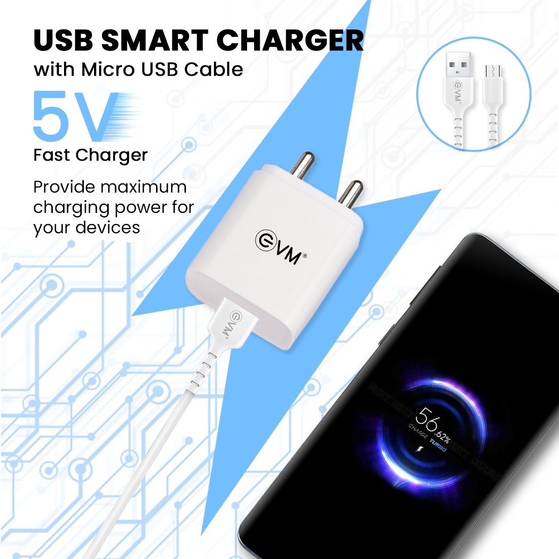 EVM CH-01 USB Mobile Charger with Micro USB Cable, White